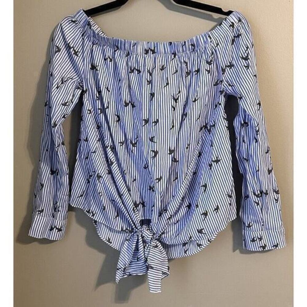 Express‎ Blue Striped Bird Off Shoulder Shirt Blouse Top Size Small Peasant Crop